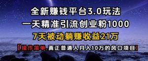 全新赚钱平台3.0玩法一天精准引流创业粉1000.7天被动躺Z收益21W【仅揭秘】-巅峰资源网