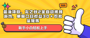 蓝海项目，龙之谷2全自动搬砖游戏，单窗口日收益30＋可批量矩阵-巅峰资源网