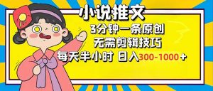 小说推文6.0，简单无脑，3分钟一个原创作品，每天半小时，日入300-1000...-巅峰资源网