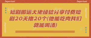 短剧搬运大佬经验分享付费短剧20天撸20个(他能吃肉我们就能喝汤)-巅峰资源网