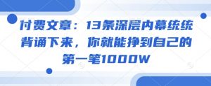 付费文章：13条深层内幕统统背诵下来，你就能挣到自己的第一笔1000W-巅峰资源网