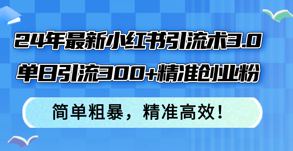 24年最新小红书引流术3.0，单日引流300+精准创业粉，简单粗暴，精准高效！-巅峰资源网