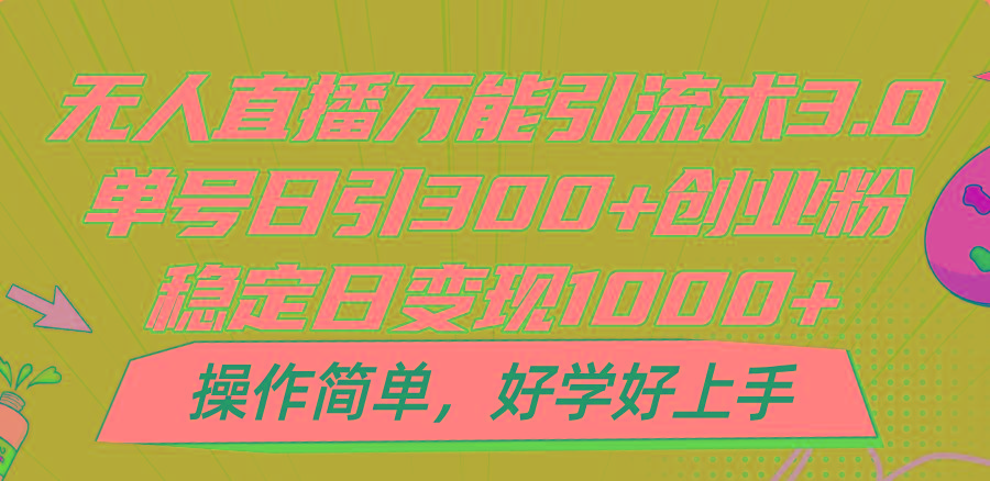 无人直播万能引流术3.0，单号日引300+创业粉，稳定日变现1000+，操作简单-巅峰资源网