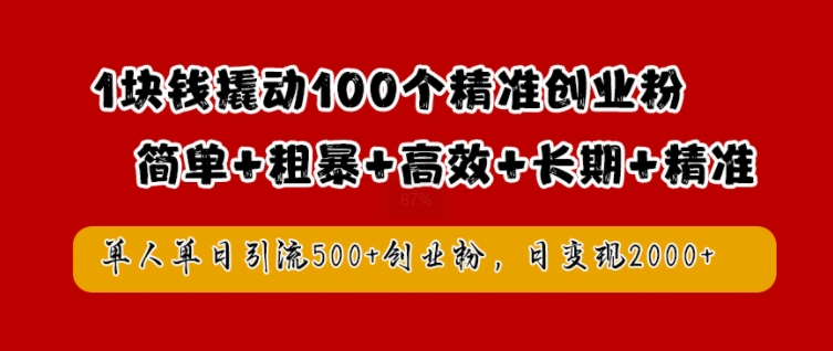 1块钱撬动100个精准创业粉，简单粗暴高效长期精准，单人单日引流500+创业粉，日变现2k【揭秘】-巅峰资源网