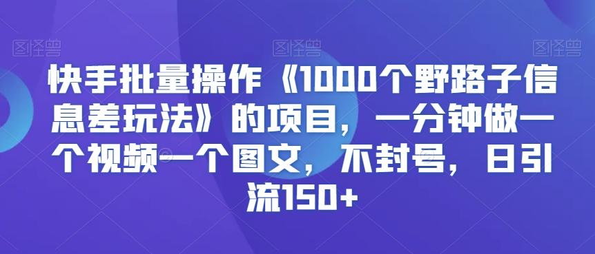 快手批量操作《1000个野路子信息差玩法》的项目，一分钟做一个视频一个图文，不封号，日引流150+【揭秘】-巅峰资源网