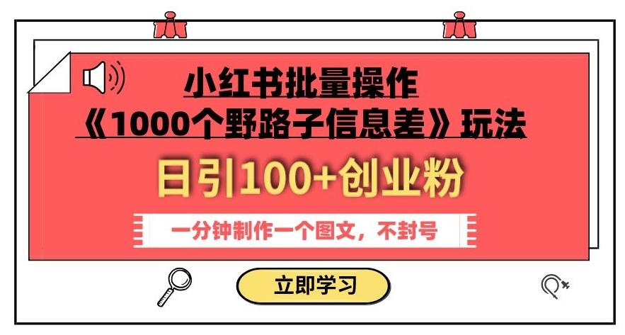 小红书批量操作《1000个野路子信息差》玩法，一分钟制作一个图文，不封号，日引100+创业粉-巅峰资源网