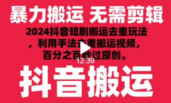 2024最新抖音搬运技术，抖音短剧视频去重，手法搬运，利用工具去重，达到秒过原创的效果【揭秘】-巅峰资源网