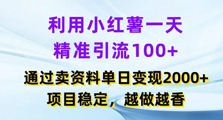 利用小红书一天精准引流100+，通过卖项目单日变现2k+，项目稳定，越做越香【揭秘】-巅峰资源网