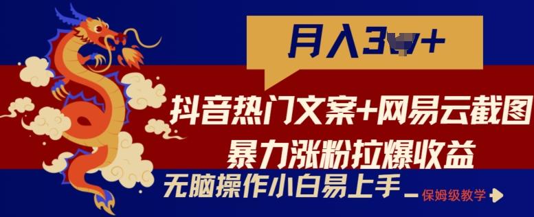 抖音热门文案+网易云截图暴力涨粉拉爆收益玩法，小白无脑操作，简单易上手【揭秘】-巅峰资源网